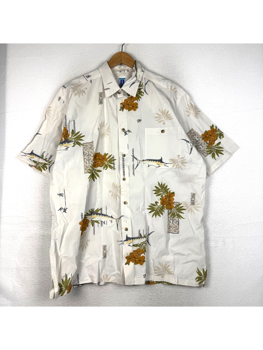 Hook & Tackle Outfitters Mens XL Floral Swordfish Button Up Short Sleeve EUC
